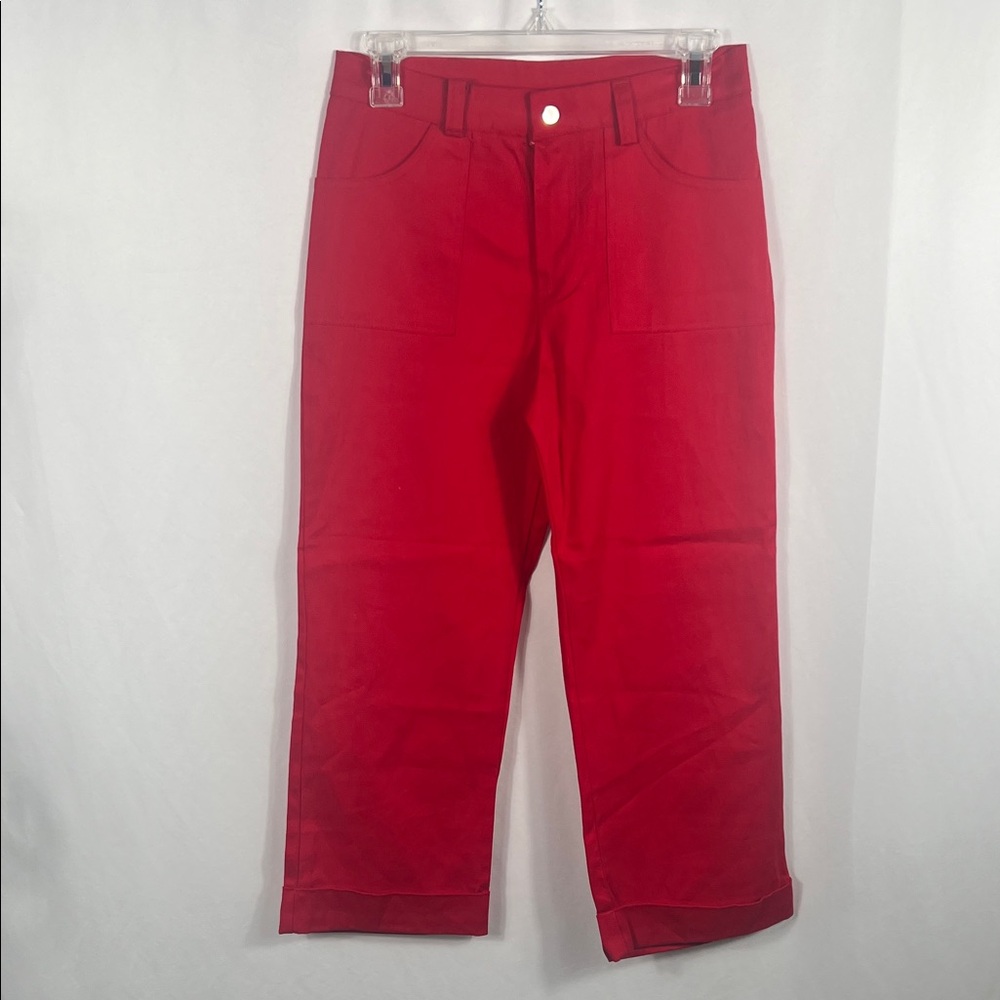 VINTAGE 90’s ZOEY BETH Women’s Bright Red Cuffed Capris‎ Medium NWOT Button Zip